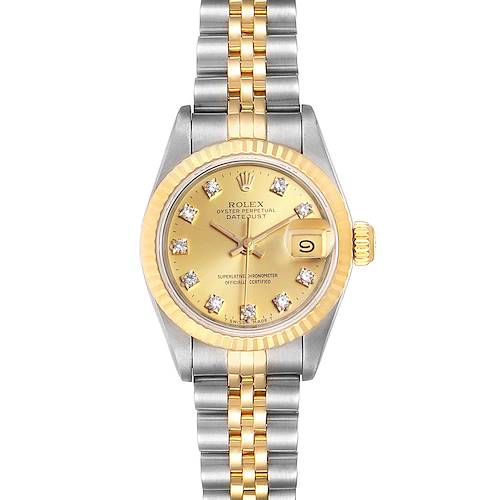 The image shows a Rolex Datejust 69173 Women's Steel and Gold (two tone) Champagne Dial 69173 Women's Steel and Gold (two tone) Champagne Dial watch from a front view, displaying its two-tone bracelet, gold dial, and date window.