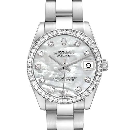 The Rolex Mid-Size 178384 Women's Stainless Steel Mother of Pearl Dial 178384 Women's Stainless Steel Mother of Pearl Dial watch is shown from the front, highlighting its dial, bezel, and part of the bracelet.