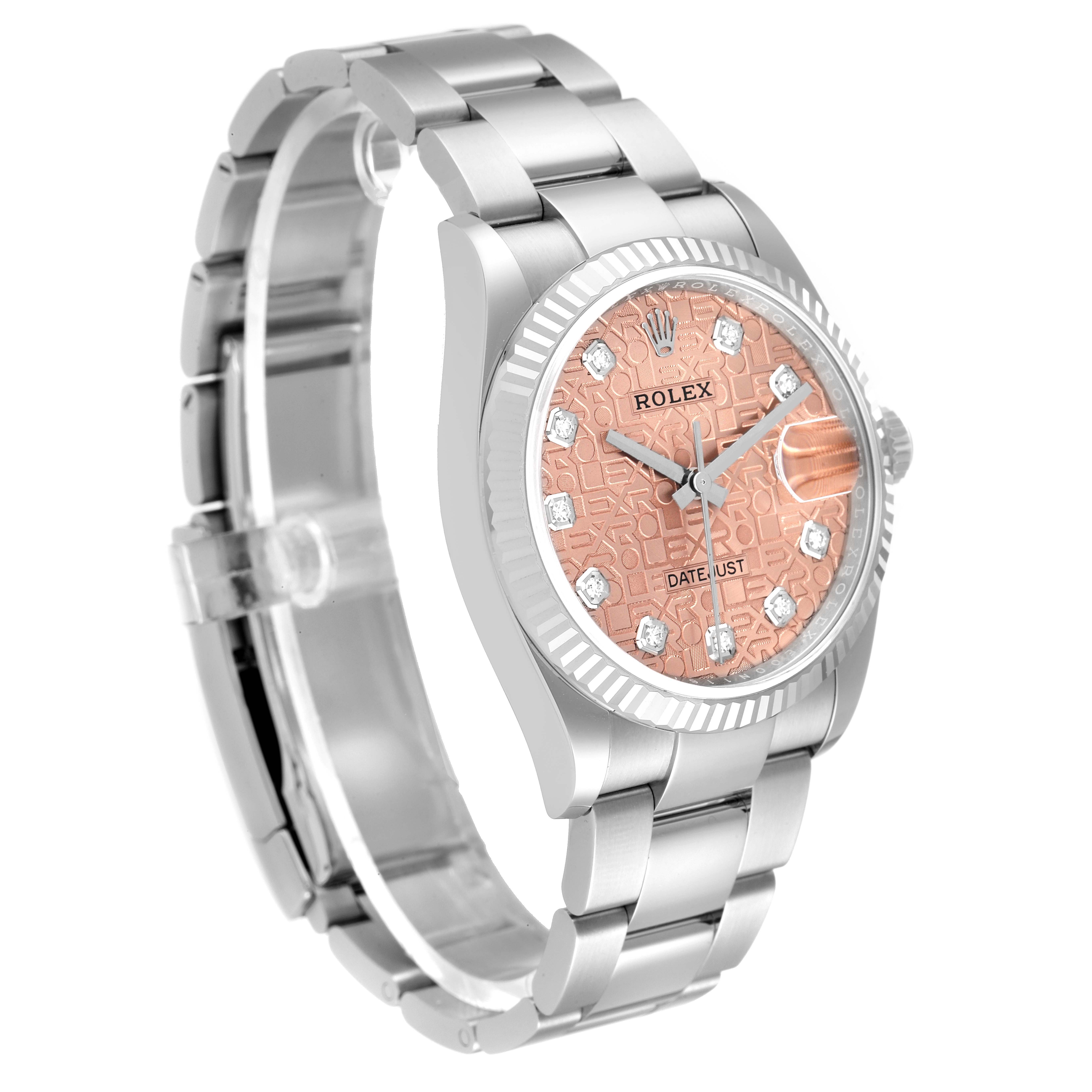 This image shows a Rolex Datejust 126234 Men's Stainless Steel Pink Dial 126234 Men's Stainless Steel Pink Dial watch from a three-quarter angle, highlighting the face, bezel, bracelet, and side profile.