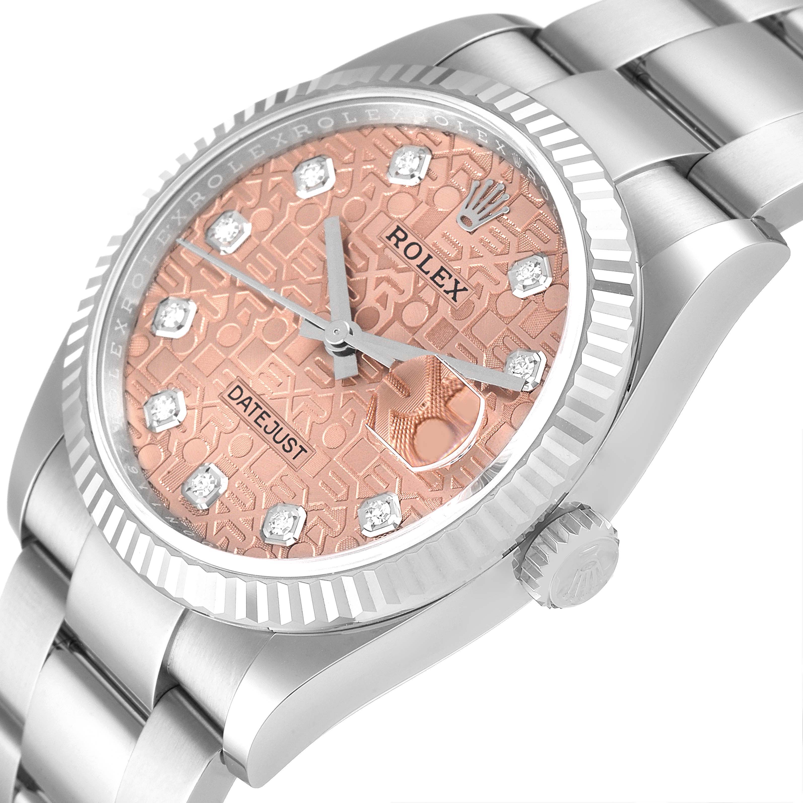 This image shows a close-up view of a Rolex Datejust 126234 Men's Stainless Steel Pink Dial 126234 Men's Stainless Steel Pink Dial watch, highlighting its dial, bezel, and part of the bracelet.