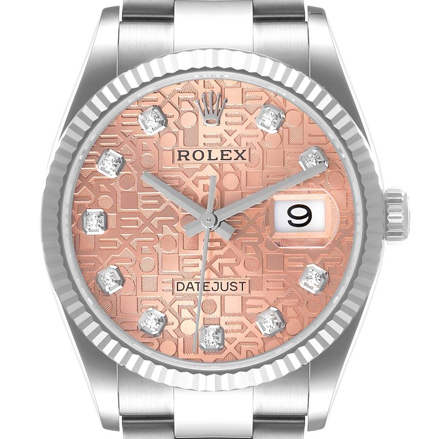 This angled front view showcases the dial, hands, date window, crown, and part of the bracelet of the Rolex Datejust 126234 Men's Stainless Steel Pink Dial 126234 Men's Stainless Steel Pink Dial watch.