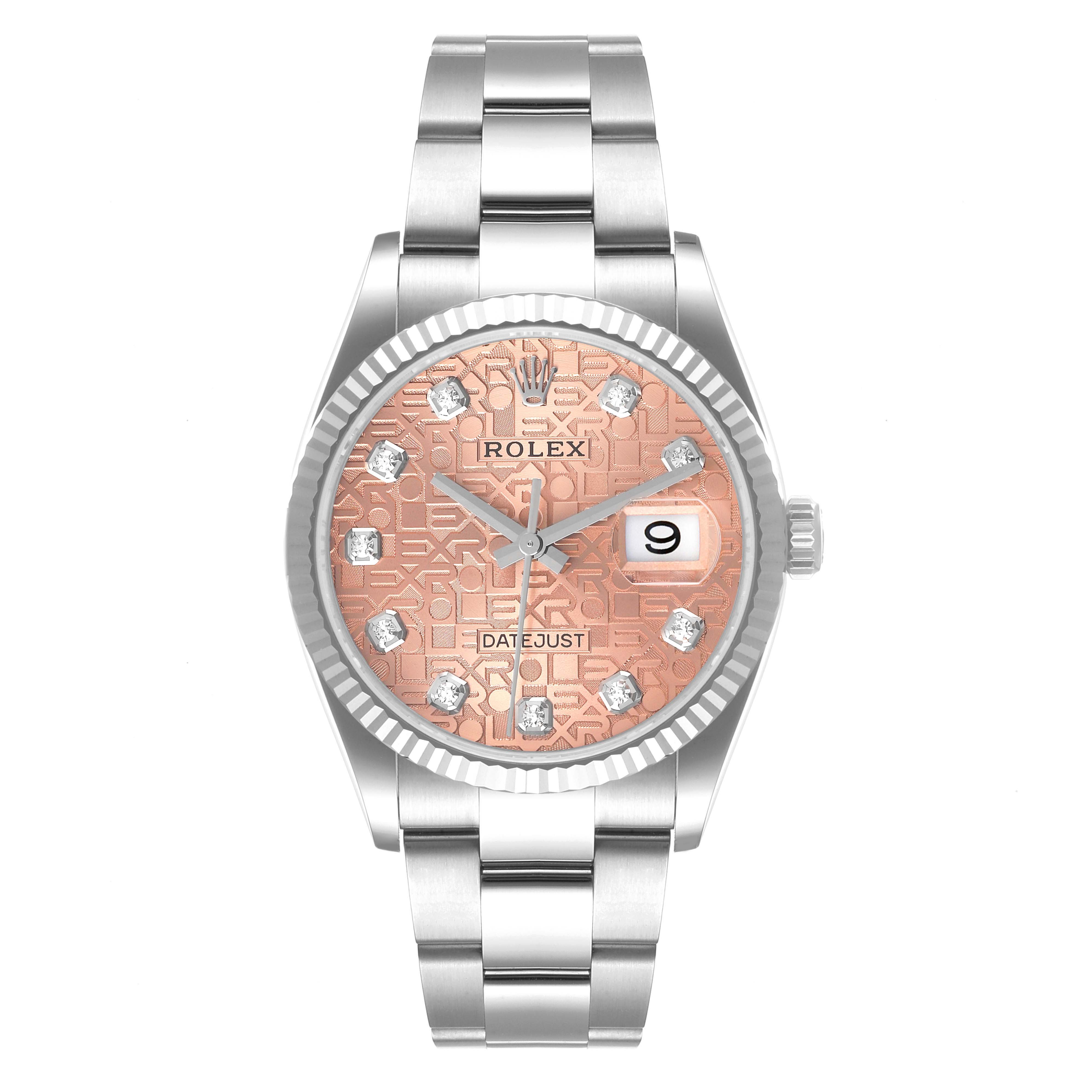 This image shows a front view of the Rolex Datejust 126234 Men's Stainless Steel Pink Dial 126234 Men's Stainless Steel Pink Dial watch, displaying its rose-gold patterned dial, date window, and stainless steel bracelet.
