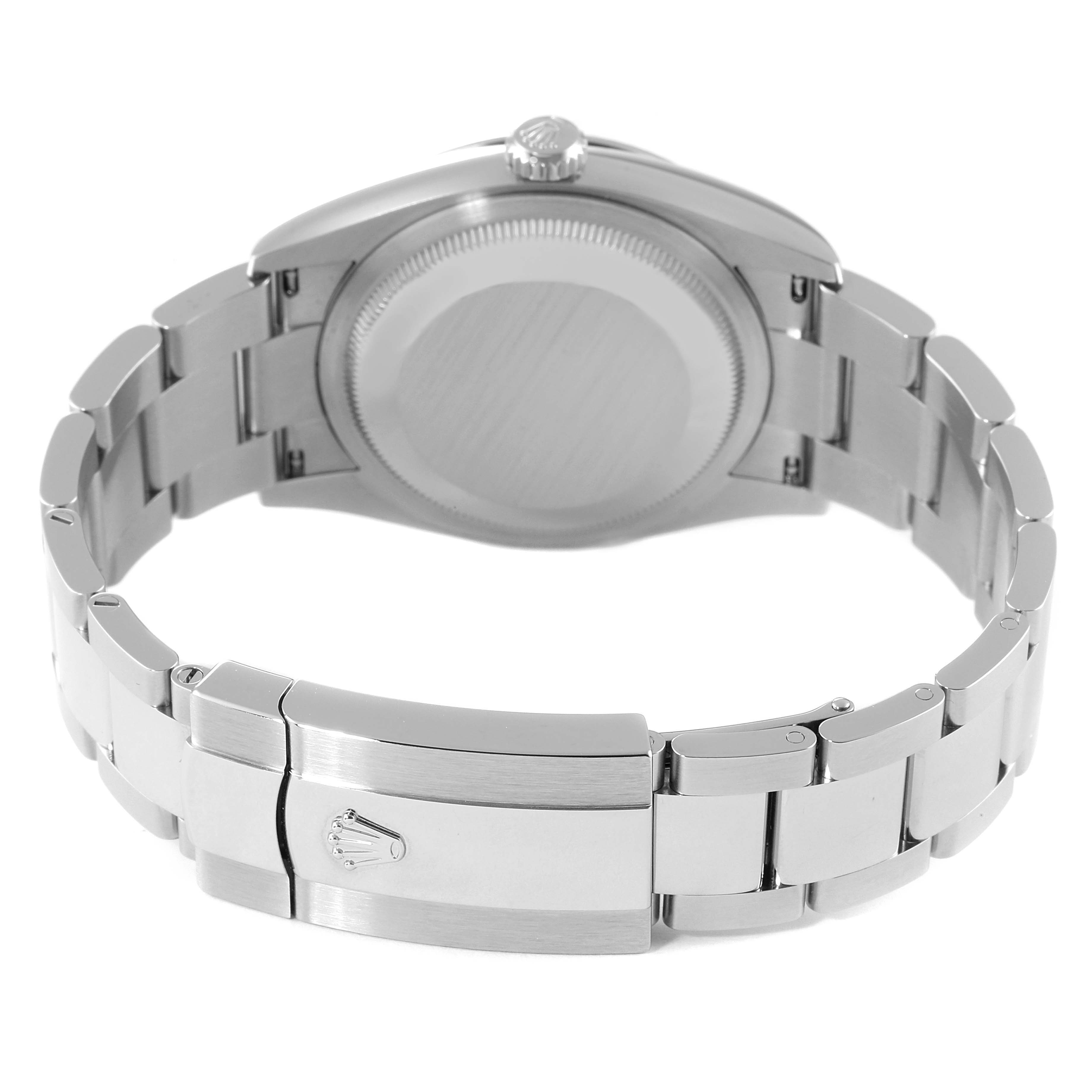 This image shows the stainless steel case back and bracelet clasp of a Rolex Datejust 126234 Men's Stainless Steel Pink Dial 126234 Men's Stainless Steel Pink Dial watch from a rear angle.