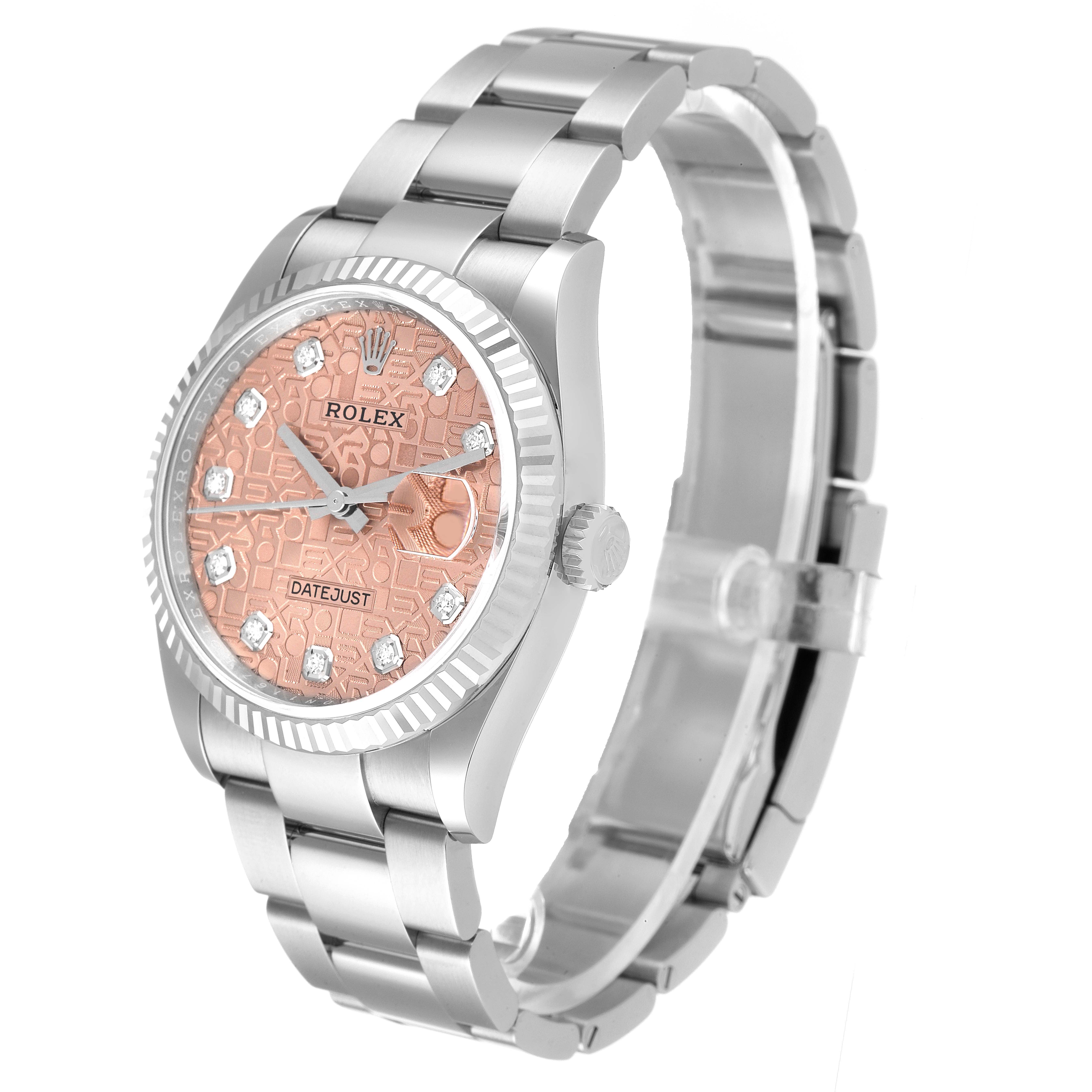 The image shows a Rolex Datejust 126234 Men's Stainless Steel Pink Dial 126234 Men's Stainless Steel Pink Dial watch from the side, displaying the dial, bezel, case, bracelet, and crown.