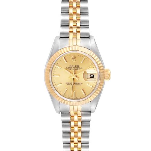 The image shows a front view of the Rolex Datejust 69173  Women's Steel and Gold (two tone) Champagne Dial 69173  Women's Steel and Gold (two tone) Champagne Dial watch with a gold and silver band and fluted bezel.
