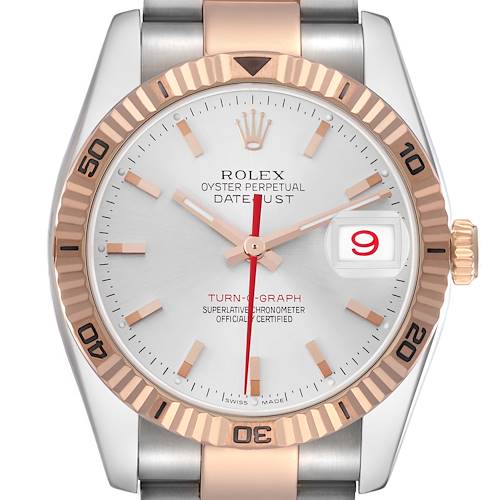 The Rolex Turn-o-Graph 116261 Men's Steel and Gold (two tone) Silver Dial 116261 Men's Steel and Gold (two tone) Silver Dial watch is shown from a front angle, highlighting its dial, bezel, and case.