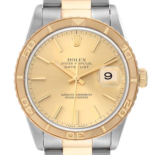 This image shows the front view of a Rolex Turn-o-Graph 16263 Men's Steel and Gold (two tone) Champagne Dial 16263 Men's Steel and Gold (two tone) Champagne Dial watch, highlighting its gold dial, rotating bezel, and date window.
