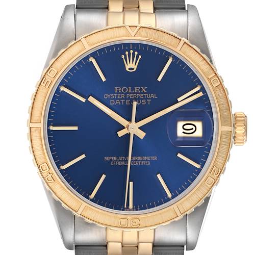 The Rolex Turn-o-Graph 16253 Men's Steel and Gold (two tone) Blue Dial 16253 Men's Steel and Gold (two tone) Blue Dial watch is shown from the front, highlighting the blue dial, gold bezel, and two-tone bracelet.