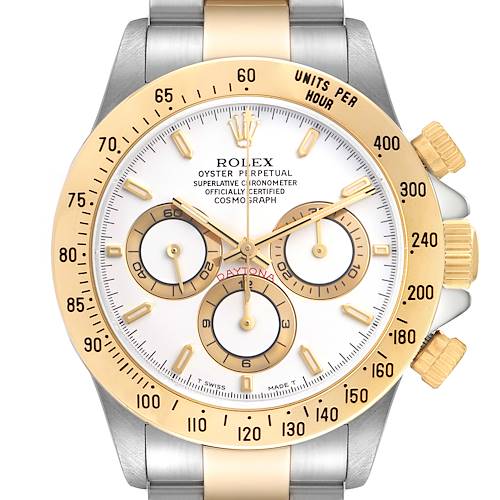 This image shows a front view of the Rolex Daytona 16523 Men's Steel and Gold (two tone) White Dial 16523 Men's Steel and Gold (two tone) White Dial watch, highlighting the face, bezel, subdials, and crown.