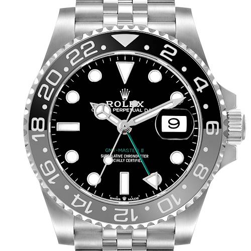 This front-facing image of the Rolex GMT-Master 126710 Men's Stainless Steel Black Dial 126710 Men's Stainless Steel Black Dial model showcases the dial, bezel, date window, and part of the bracelet.