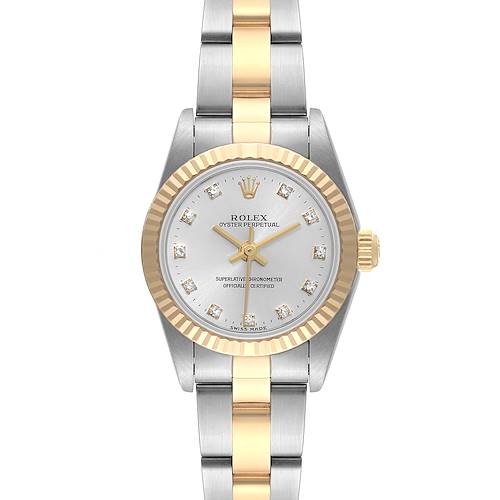 The image shows a front view of a Rolex Oyster Perpetual 76193 Women's Steel and Gold (two tone) Silver Dial 76193 Women's Steel and Gold (two tone) Silver Dial watch with a silver dial and two-tone gold and silver bracelet.