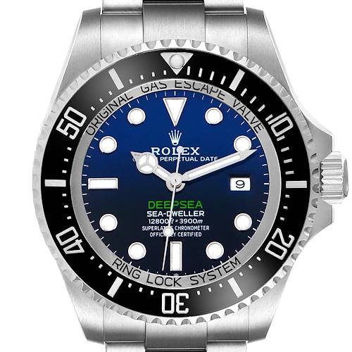 The image shows a frontal view of the Rolex Sea-Dweller 126660 Men's Stainless Steel Blue Dial 126660 Men's Stainless Steel Blue Dial watch, highlighting the bezel, dial, and the bracelet's top portion.