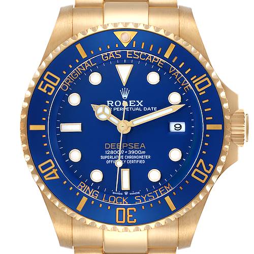 The image shows a front view of the Rolex Sea-Dweller 136668LB Men's Yellow Gold Blue Dial 136668LB Men's Yellow Gold Blue Dial watch, highlighting the blue dial, bezel, hour markers, and crown.