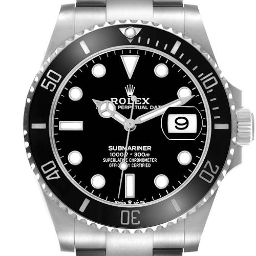 This image shows a front view of the Rolex Submariner 126610 Men's Stainless Steel Black Dial 126610 Men's Stainless Steel Black Dial watch, displaying the dial, bezel, hands, and crown.