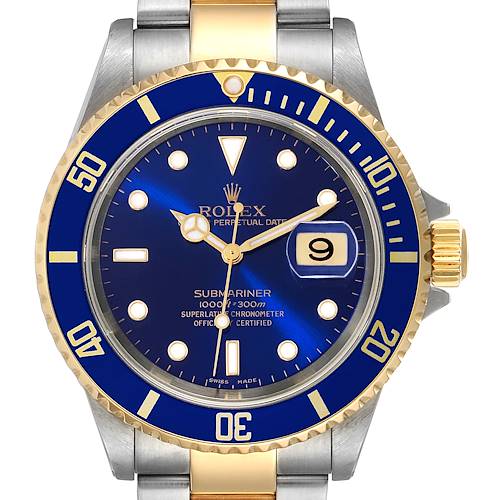 The image shows a front view of a Rolex Submariner 16613 Men's Steel and Gold (two tone) Blue Dial 16613 Men's Steel and Gold (two tone) Blue Dial watch featuring a blue dial and bezel with gold accents.