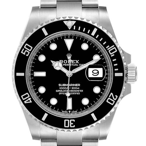 The image shows a front view of a Rolex Submariner 126610 Men's Stainless Steel Black Dial 126610 Men's Stainless Steel Black Dial watch, highlighting the dial, bezel, and bracelet.