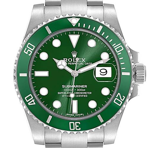 The Rolex Submariner 116610LV Men's Stainless Steel Green Dial 116610LV Men's Stainless Steel Green Dial watch is shown from a front view, displaying its green dial, bezel, date window, and silver bracelet.