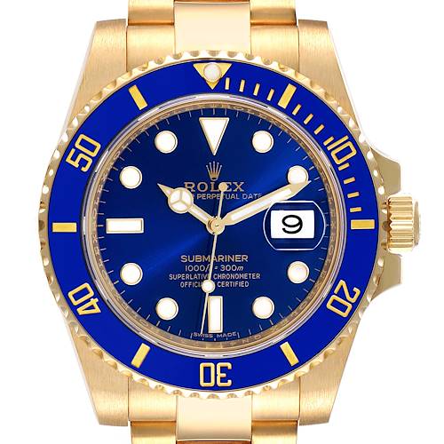 This image shows a head-on view of a Rolex Submariner 116618 Men's Yellow Gold Blue Dial 116618 Men's Yellow Gold Blue Dial with a blue dial and gold casing.