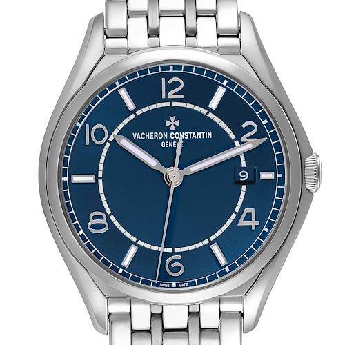The Vacheron Constantin Fiftysix 4600E/110A-B487 Men's Stainless Steel Blue Dial 4600E/110A-B487 Men's Stainless Steel Blue Dial watch is shown from the front, featuring its blue dial, silver hands, and metallic bracelet.