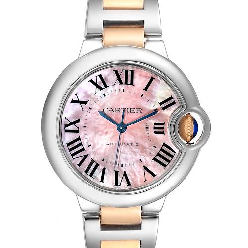 The image shows a close-up view of the dial and part of the bracelet of a Cartier Ballon Bleu W6920098 Women's Steel and Gold (two tone) Mother of Pearl Dial W6920098 Women's Steel and Gold (two tone) Mother of Pearl Dial watch.
