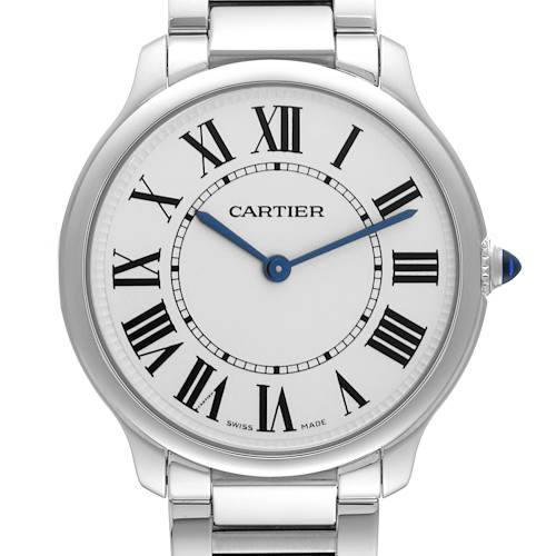 The image shows a front view of the Ronde model by Cartier, highlighting its dial, Roman numerals, and metallic bracelet.