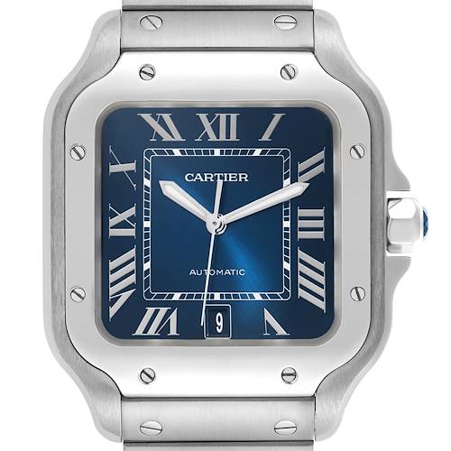 The Cartier Santos WSSA0030 Men's Stainless Steel Blue Dial WSSA0030 Men's Stainless Steel Blue Dial model is shown from the front, highlighting the dial, bezel, and part of the bracelet.