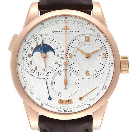 The image shows a front view of the Jaeger LeCoultre Duometre Q6042521 Men's Rose Gold Silver Dial Q6042521 Men's Rose Gold Silver Dial watch, highlighting the dial with moon phase, date, and chronograph subdials.