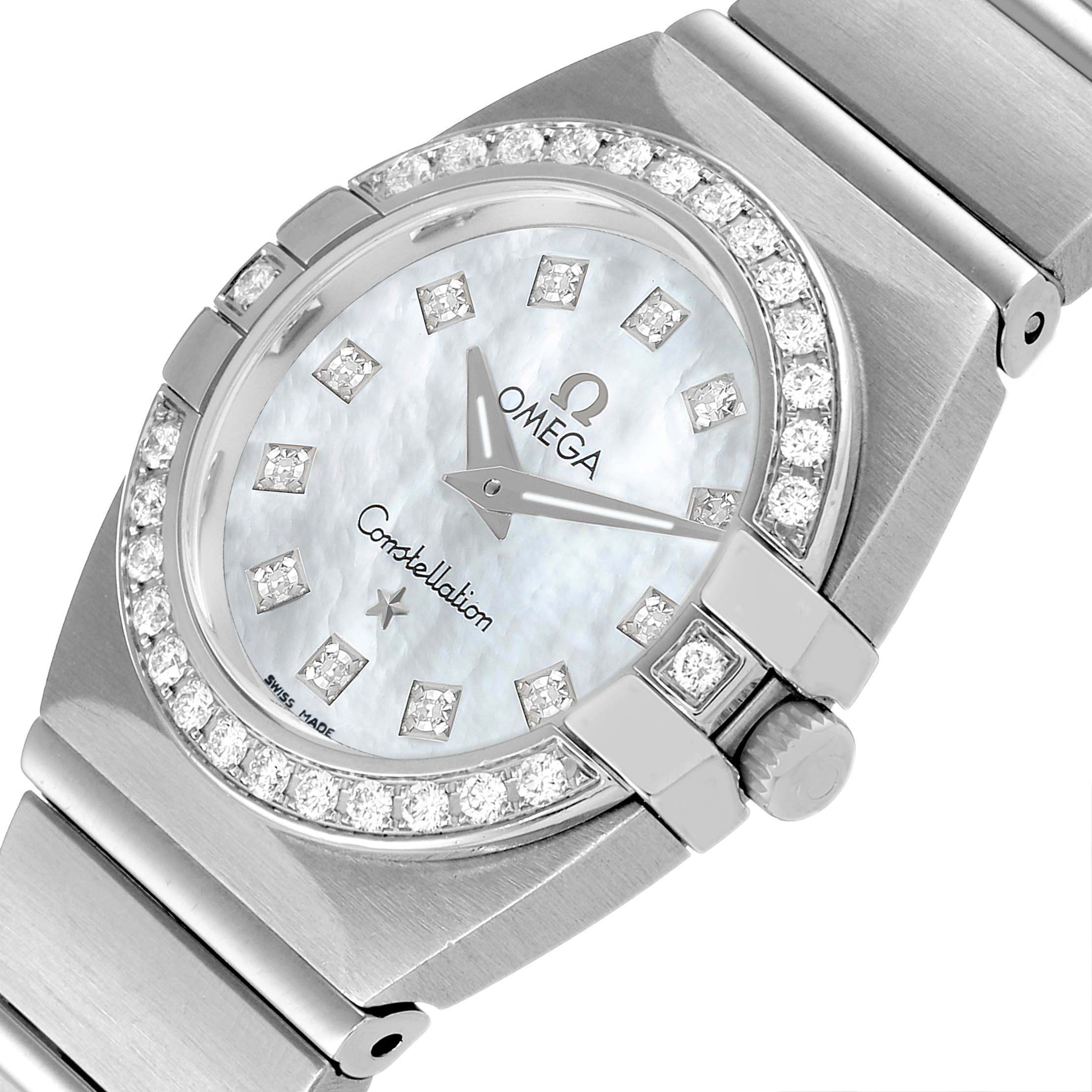 This image shows an Omega 123.15.24.60.57.001 Women's Stainless Steel Mother of Pearl Dial 123.15.24.60.57.001 Women's Stainless Steel Mother of Pearl Dial Constellation 24 MOP Diamond Ladies Watch 123.15.24.60.05.001 from a close-up angle.