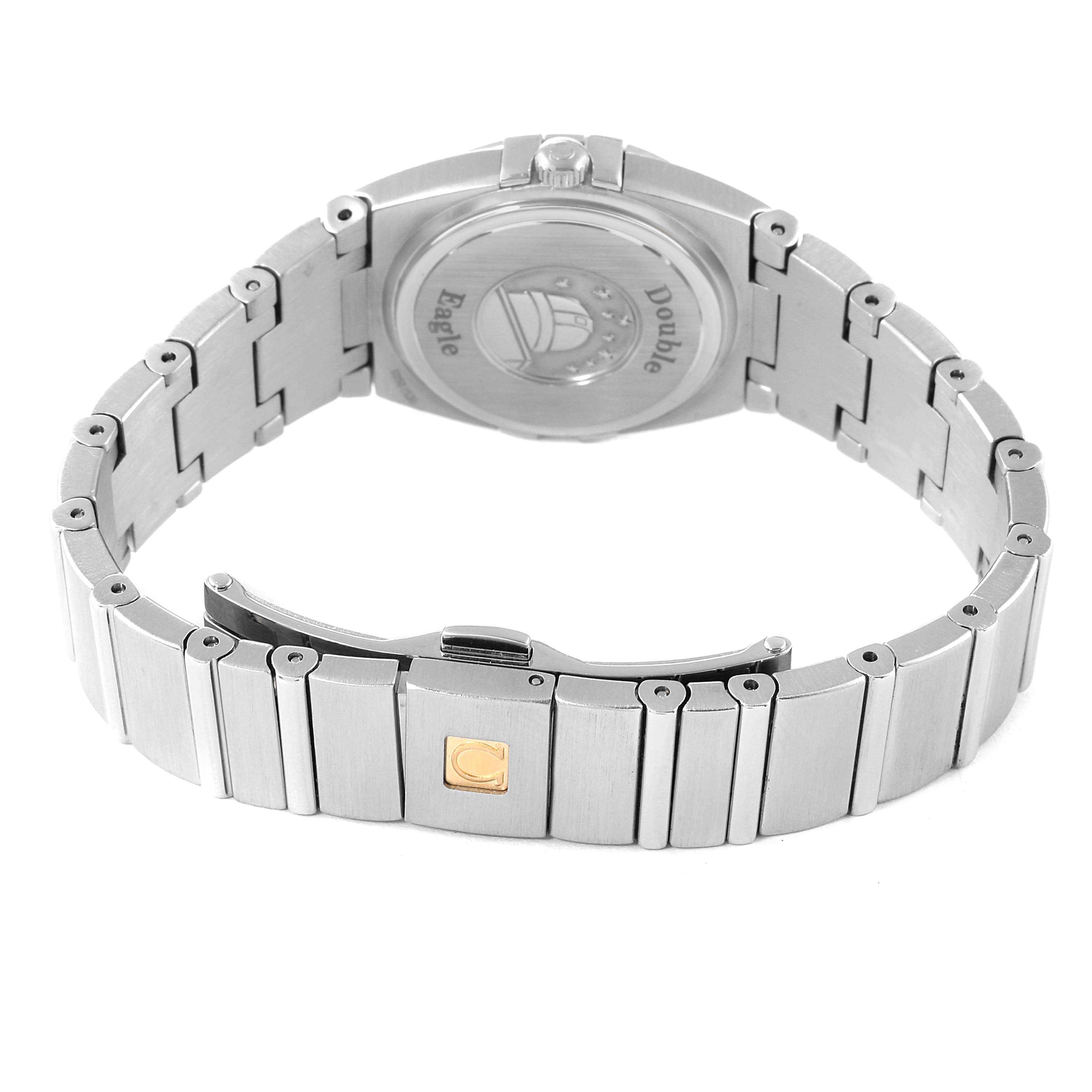 The image shows the back view and bracelet of the Omega 123.15.24.60.57.001 Women's Stainless Steel Mother of Pearl Dial 123.15.24.60.57.001 Women's Stainless Steel Mother of Pearl Dial Constellation 24 MOP Diamond Ladies Watch model 123.15.24.60.05.001.