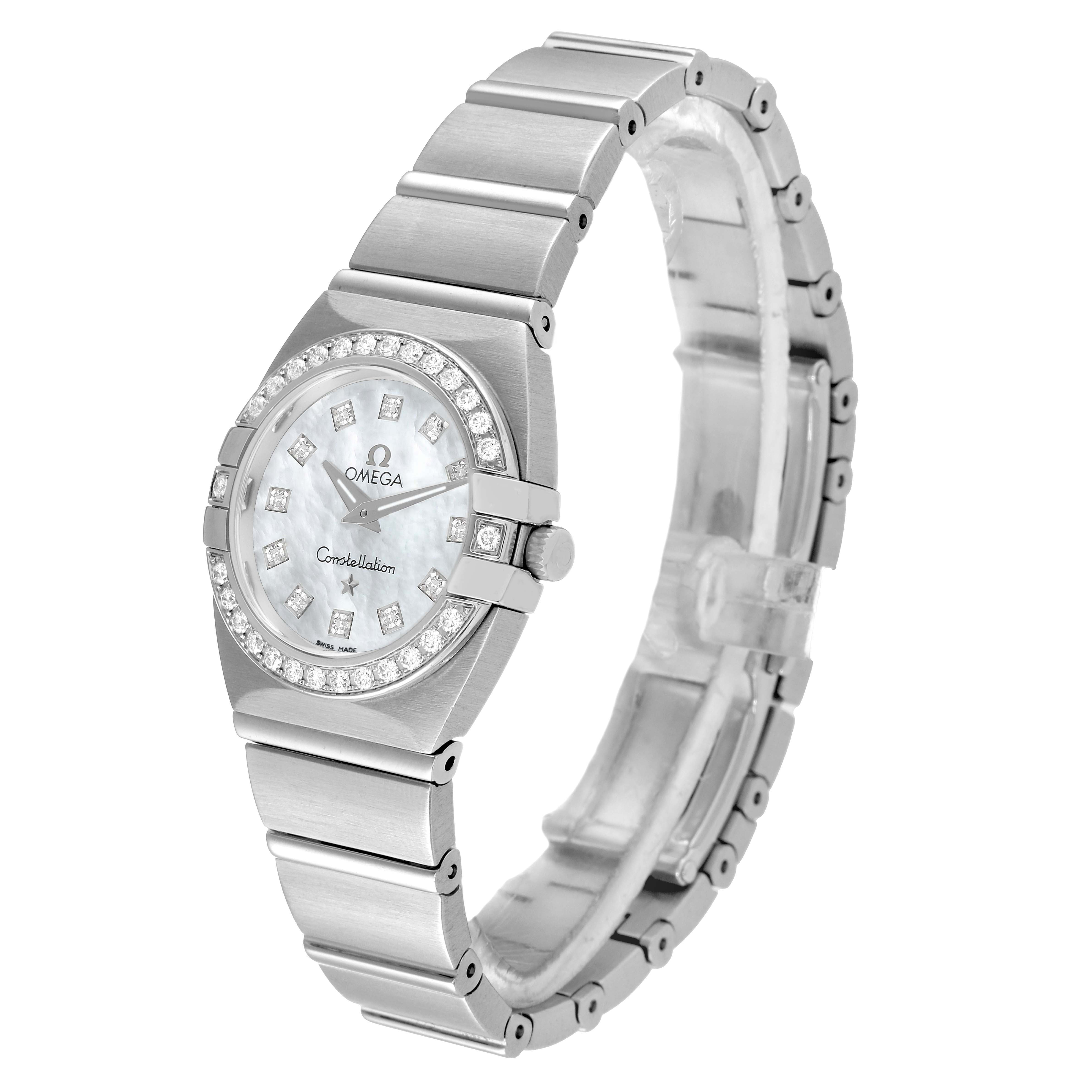 The Omega 123.15.24.60.57.001 Women's Stainless Steel Mother of Pearl Dial 123.15.24.60.57.001 Women's Stainless Steel Mother of Pearl Dial Constellation 24 MOP Diamond Ladies Watch 123.15.24.60.05.001 is shown at a slight angle highlighting the face, bezel, and bracelet.