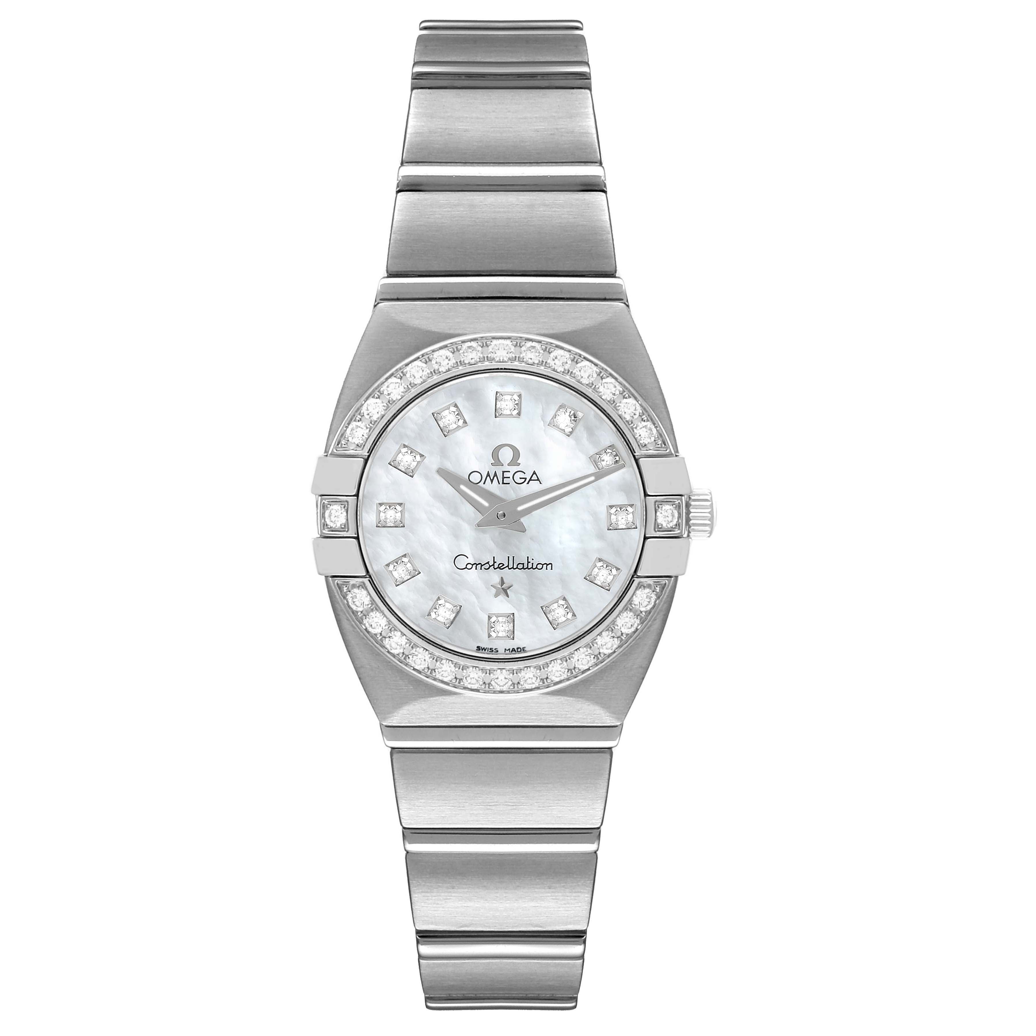 The image shows a frontal view of the Omega 123.15.24.60.57.001 Women's Stainless Steel Mother of Pearl Dial 123.15.24.60.57.001 Women's Stainless Steel Mother of Pearl Dial Constellation 24 MOP Diamond Ladies Watch 123.15.24.60.05.001.