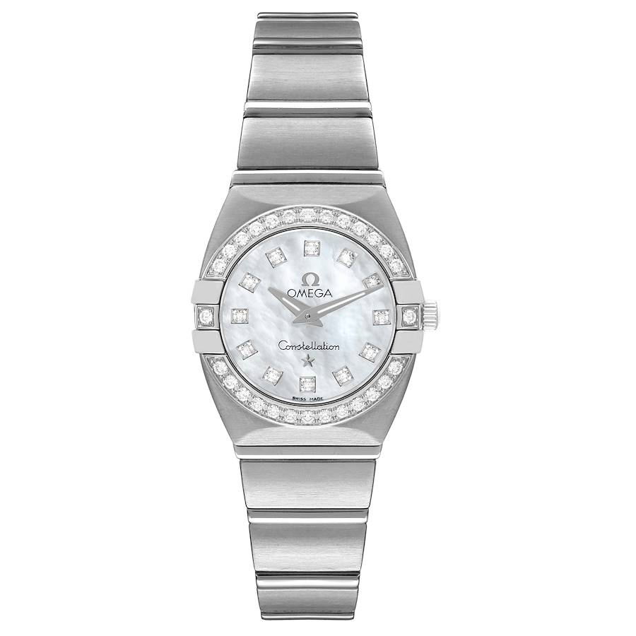 The image shows a frontal view of the Omega 123.15.24.60.57.001 Women's Stainless Steel Mother of Pearl Dial 123.15.24.60.57.001 Women's Stainless Steel Mother of Pearl Dial Constellation 24 MOP Diamond Ladies Watch 123.15.24.60.05.001.