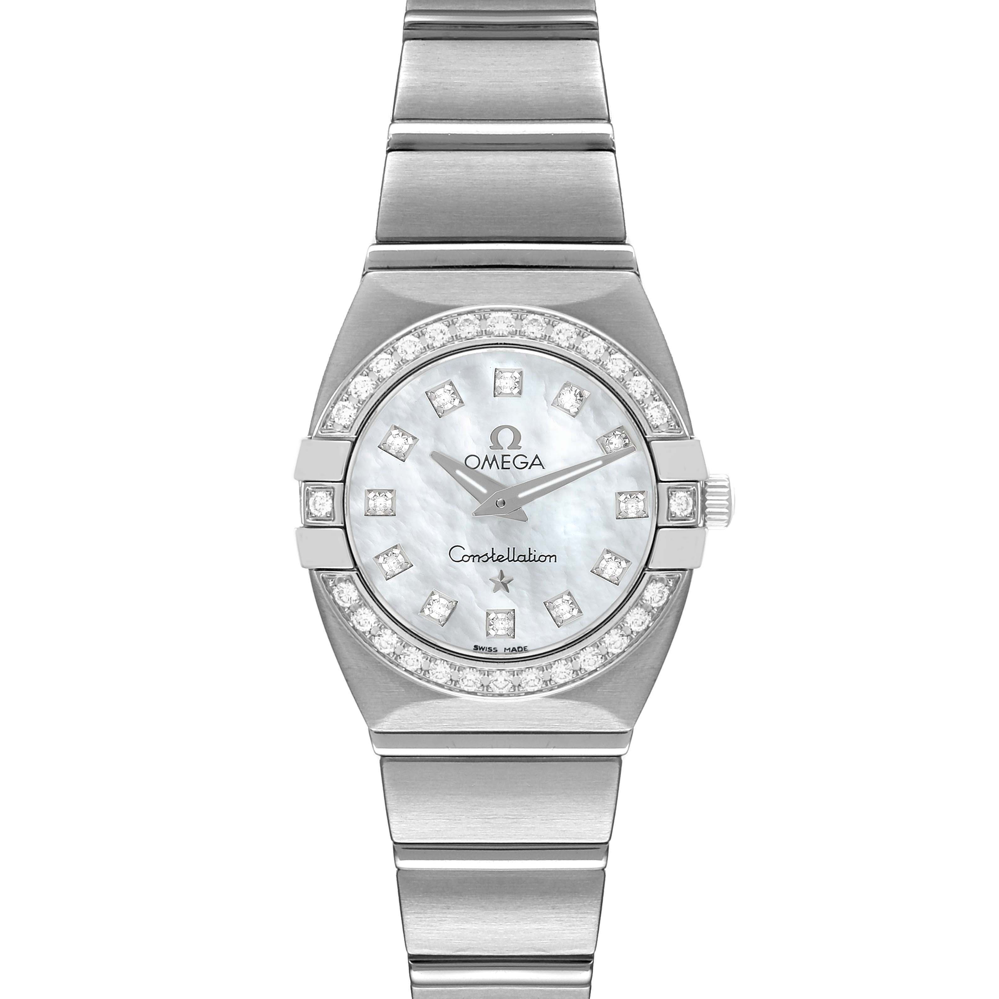 This image shows a front view of the Omega 123.15.24.60.57.001 Women's Stainless Steel Mother of Pearl Dial 123.15.24.60.57.001 Women's Stainless Steel Mother of Pearl Dial Constellation 24 MOP Diamond Ladies Watch, model 123.15.24.60.05.001.