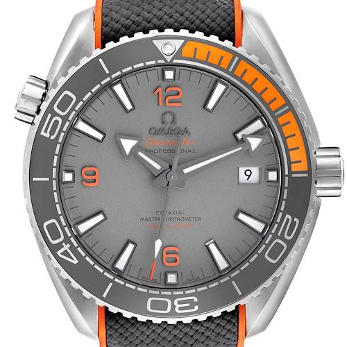 The Omega Planet Ocean 215.92.44.21.99.001 Men's Titanium Grey Dial 215.92.44.21.99.001 Men's Titanium Grey Dial watch is shown from the front, highlighting the dial, bezel, and part of the strap.