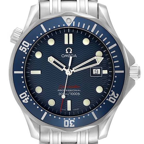 The image shows a front view of the Omega Seamaster 2221.80.00 Men's Stainless Steel Blue Dial 2221.80.00 Men's Stainless Steel Blue Dial watch, including its bezel, dial, hands, date window, and part of the bracelet.
