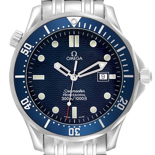 The Omega Seamaster 2541.80.00 Men's Stainless Steel Blue Dial 2541.80.00 Men's Stainless Steel Blue Dial watch is shown from a front angle, displaying the face, bezel, bracelet, and crown.