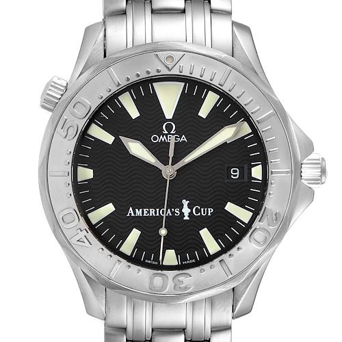 This is a front view of the Omega Seamaster 2533.50.00 Men's Stainless Steel Black Dial 2533.50.00 Men's Stainless Steel Black Dial America's Cup watch showing the dial, bezel, hands, and part of the bracelet.