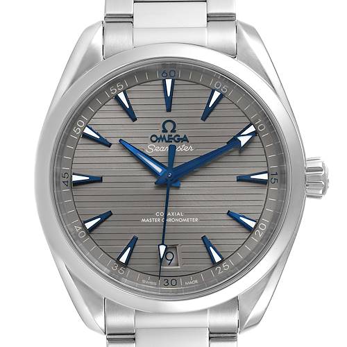 The image shows a front view of the Omega Aqua Terra 220.10.41.21.06.001 Men's Stainless Steel Grey Dial 220.10.41.21.06.001 Men's Stainless Steel Grey Dial watch, highlighting its face, hands, indices, and date window.