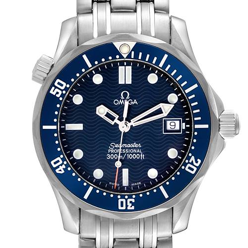 The Omega Seamaster 2561.80.00 Men's Stainless Steel Blue Dial 2561.80.00 Men's Stainless Steel Blue Dial watch is shown from a front angle, highlighting the face, bezel, bracelet, and crown.