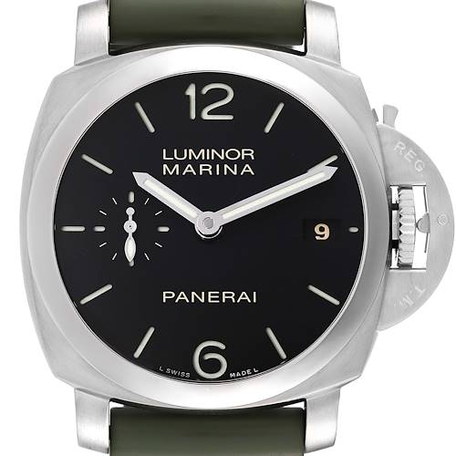 This is a front view of a Panerai Luminor PAM00392 Men's Stainless Steel Black Dial PAM00392 Men's Stainless Steel Black Dial Marina watch, showing the dial, hands, crown guard, and part of the strap.