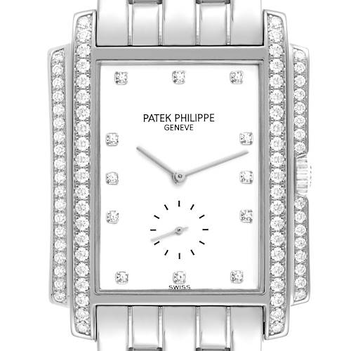 This image shows a front view of the Patek Philippe Gondolo 5025G Men's White Gold White Dial 5025G Men's White Gold White Dial watch, highlighting the diamond-encrusted bezel and bracelet.