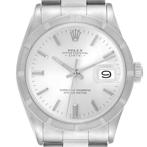 The Rolex Date model is shown from the front, displaying the dial, bezel, crown, and part of the bracelet.