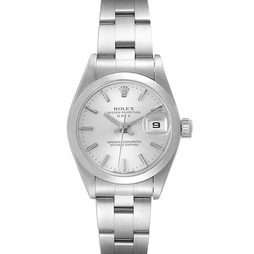 The image shows a front view of a Rolex Oyster Perpetual Date watch, featuring its dial, hands, and bracelet.
