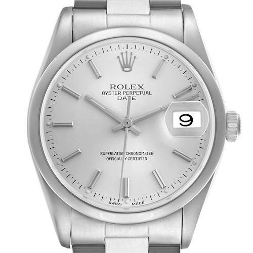 The image shows a front view of a Rolex Date 15200 Men's Stainless Steel Silver Dial 15200 Men's Stainless Steel Silver Dial model, highlighting the dial, hands, crown, and date window.
