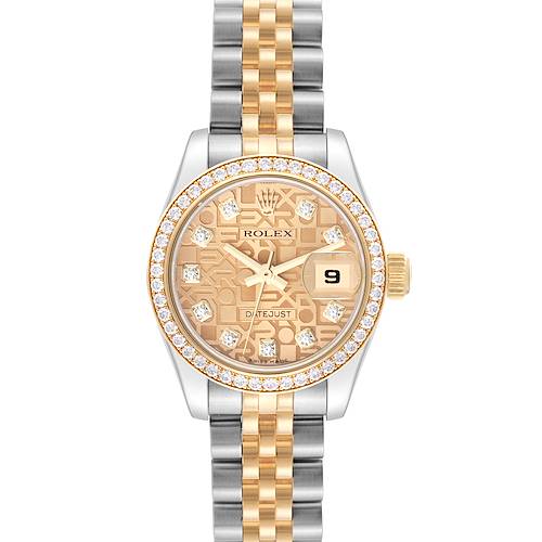 This Rolex Datejust 179383 Women's Steel and Gold (two tone) Champagne Dial 179383 Women's Steel and Gold (two tone) Champagne Dial watch is shown from a front view, highlighting its bracelet, dial, bezel, and crown.