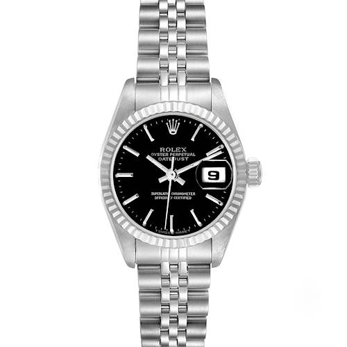 This image shows a front view of a Rolex Datejust 79174 Women's Stainless Steel Black Dial 79174 Women's Stainless Steel Black Dial watch, displaying the face, bezel, and bracelet.