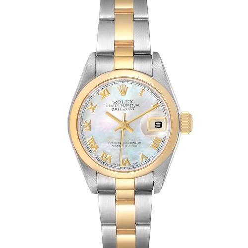 This image shows a front view of a Rolex Datejust 79163 Women's Steel and Gold (two tone) Mother of Pearl Dial 79163 Women's Steel and Gold (two tone) Mother of Pearl Dial watch, highlighting the dial, bezel, and two-tone bracelet.