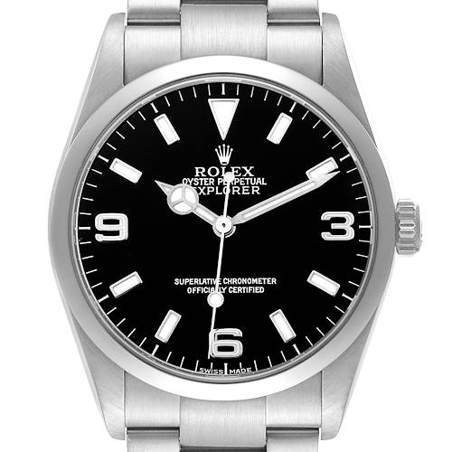 The Rolex Explorer 114270 Men's Stainless Steel Black Dial 114270 Men's Stainless Steel Black Dial watch is shown from a front angle, highlighting its dial, numerals, hands, and part of the bracelet.
