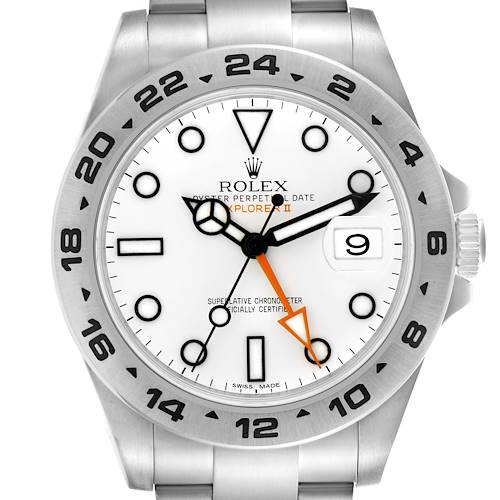 The Rolex Explorer 216570 Men's Stainless Steel White Dial 216570 Men's Stainless Steel White Dial watch is shown from a frontal angle highlighting the dial, bezel, hands, and crown.