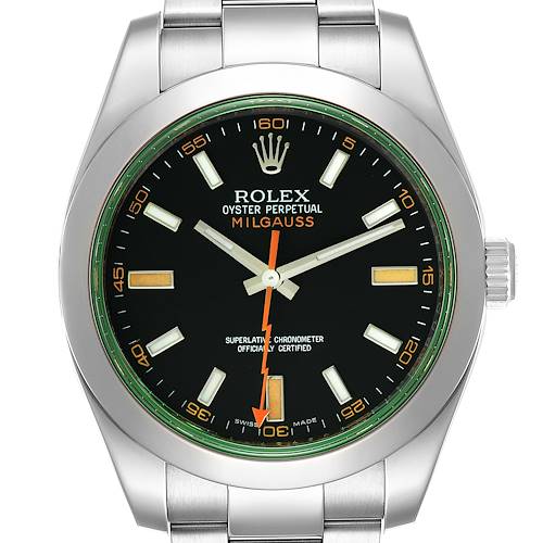 The image shows a front view of a Rolex Milgauss 116400V Men's Stainless Steel Black Dial 116400V Men's Stainless Steel Black Dial watch with a black dial and orange accents on the hour markers and second hand.